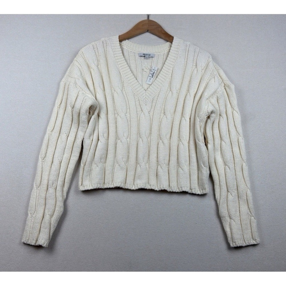 Madewell Cable Knit V-Neck Crop Sweater Size M Ivory NWT Preppy NM613 Coastal